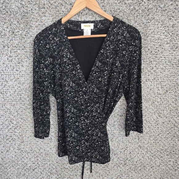 Talbots Top‎ Womens Medium Black Floral Print Surplice Neck Wrap Blouse Ladies - Picture 1 of 7